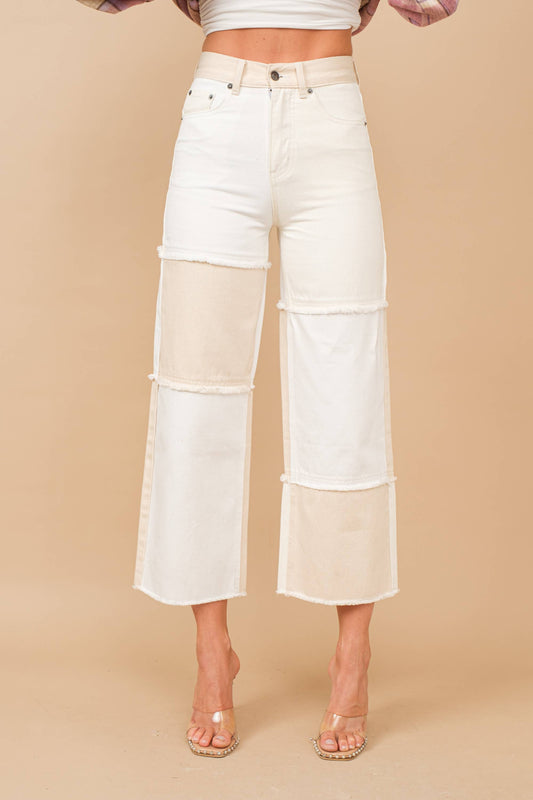 High Waisted Color Block Distressed Frill Twill Pants