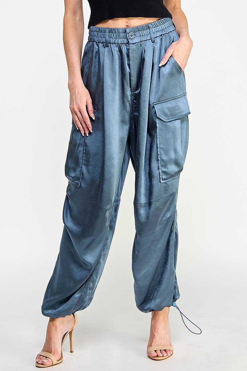 SILKY BANDED WAIST WIDE LEG CARGO PANTS