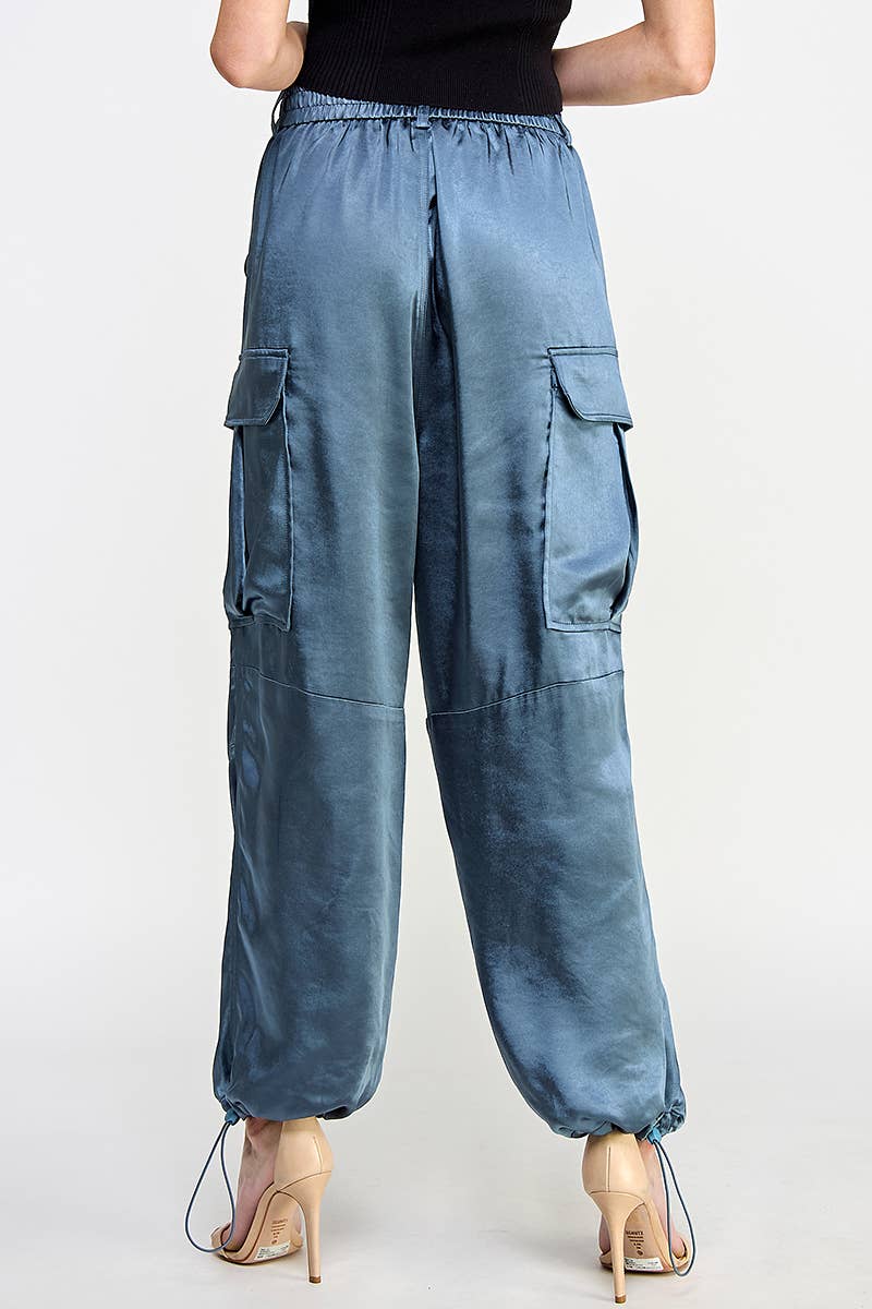 SILKY BANDED WAIST WIDE LEG CARGO PANTS