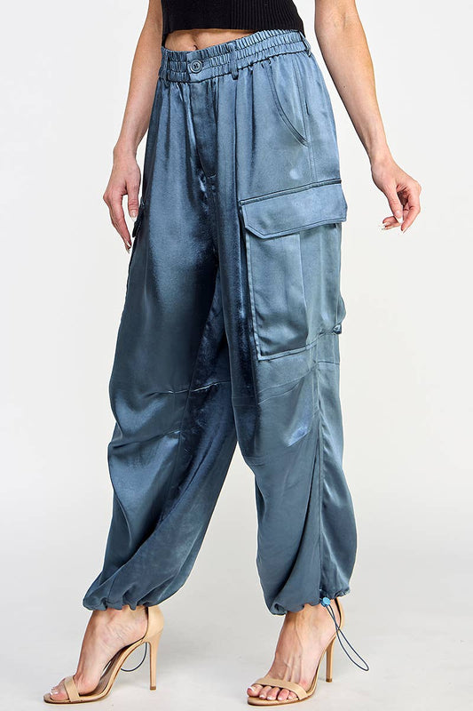 SILKY BANDED WAIST WIDE LEG CARGO PANTS