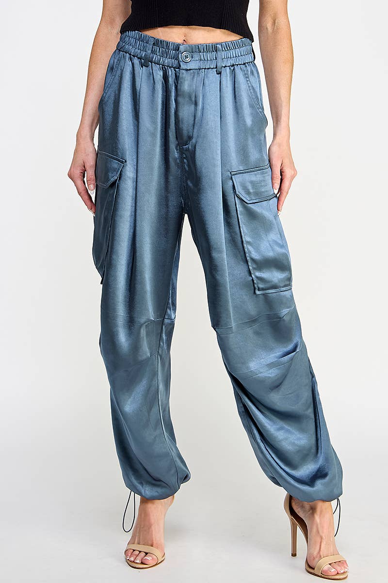 SILKY BANDED WAIST WIDE LEG CARGO PANTS