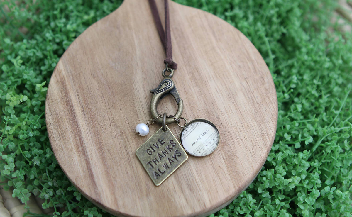 Give Thanks Always Hand Stamped Leather Charm Necklace
