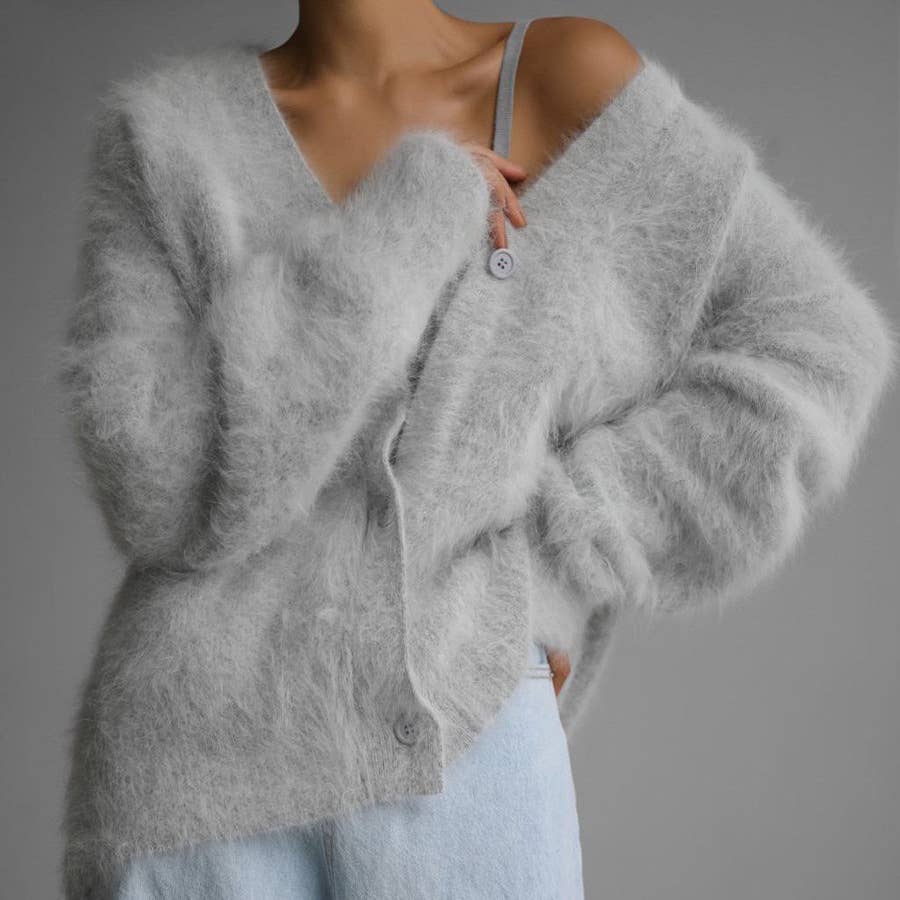 Demure Elegant Fluffy Button-down V-neck Cardigan
