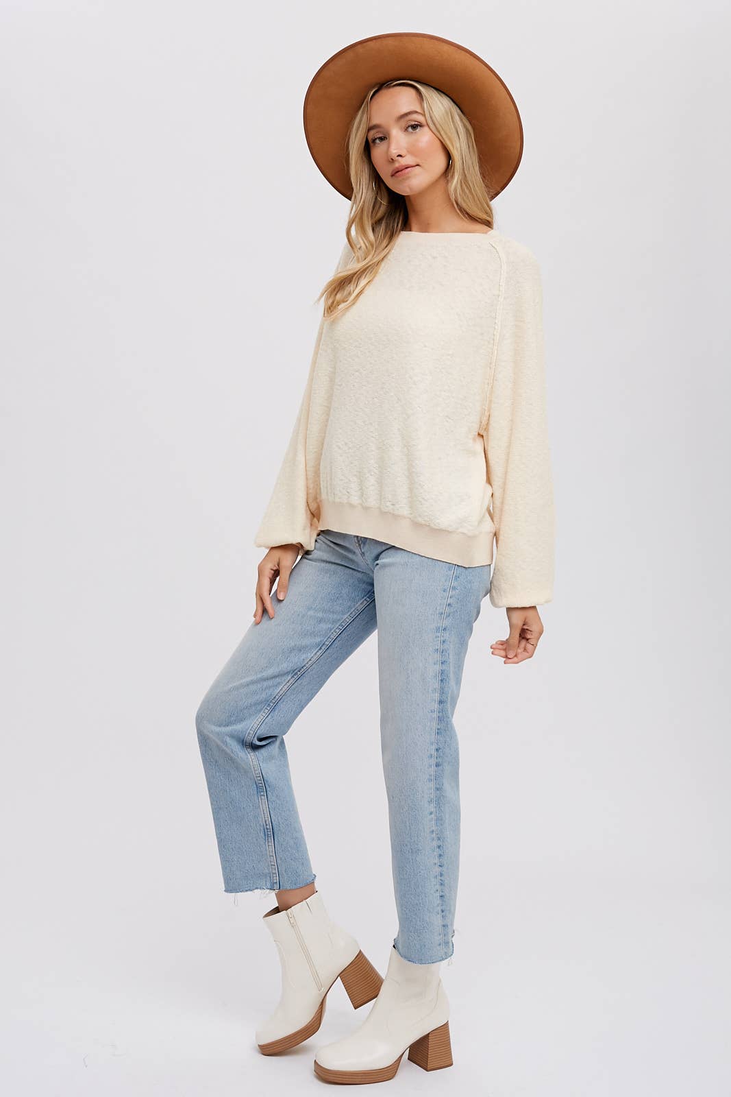 REVERSE SEAM BOUCLE PULLOVER