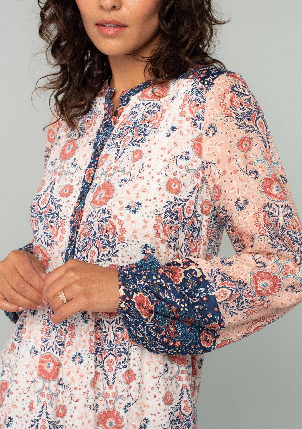 Floral Patchwork Long Sleeve Ruffled Mini Dress