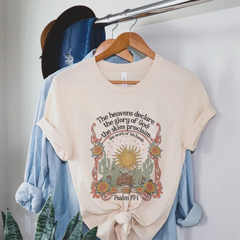Psalm 19:1 Jesus Faith Graphic T-Shirts Christian Inspirational Tee Vintage Boho Bible Verse Tshirt Religious Clothes for Women