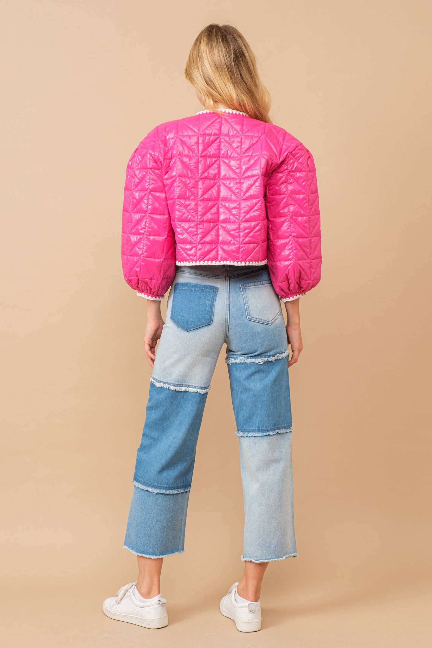 High Waisted Color Block Distressed Frill Twill Pants