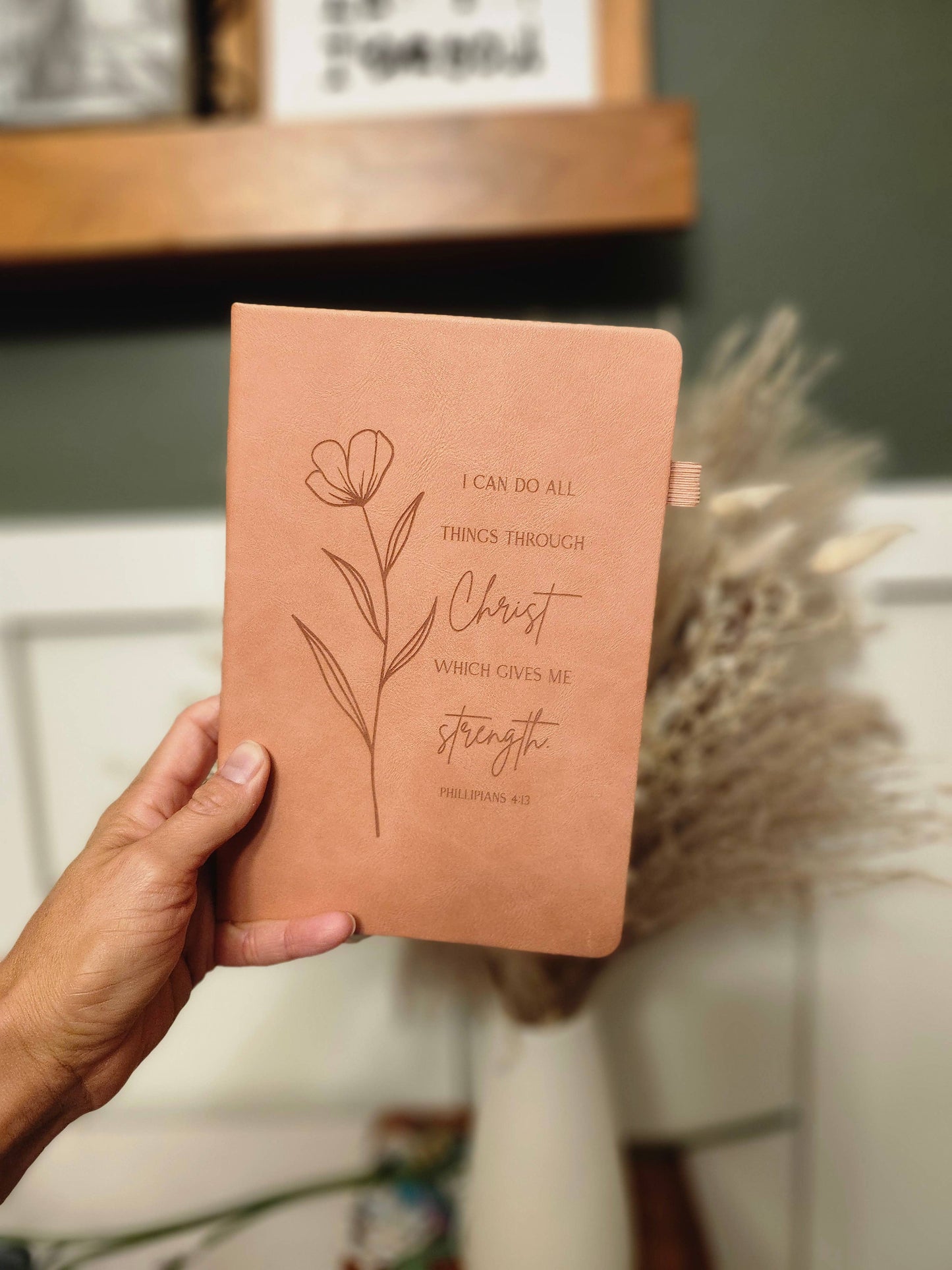 Engraved Leather Christian Journal: Philippians 4:13 (Soft Grey)