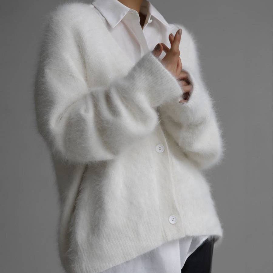 Demure Elegant Fluffy Button-down V-neck Cardigan