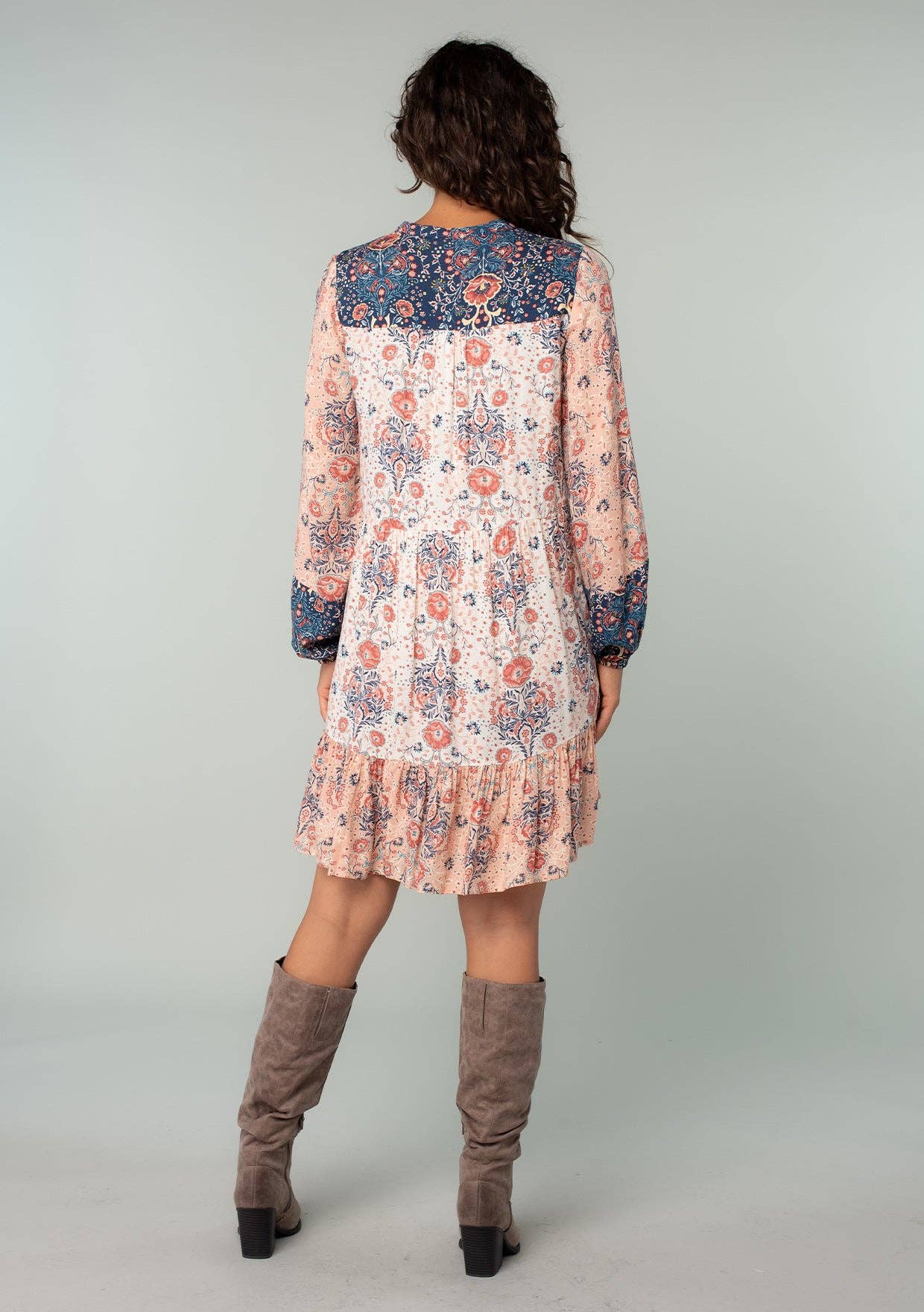 Floral Patchwork Long Sleeve Ruffled Mini Dress