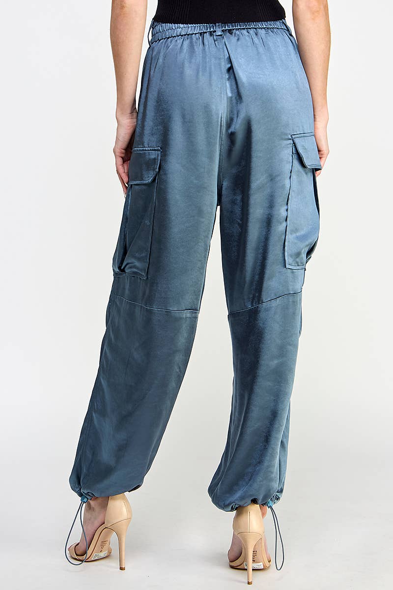 SILKY BANDED WAIST WIDE LEG CARGO PANTS
