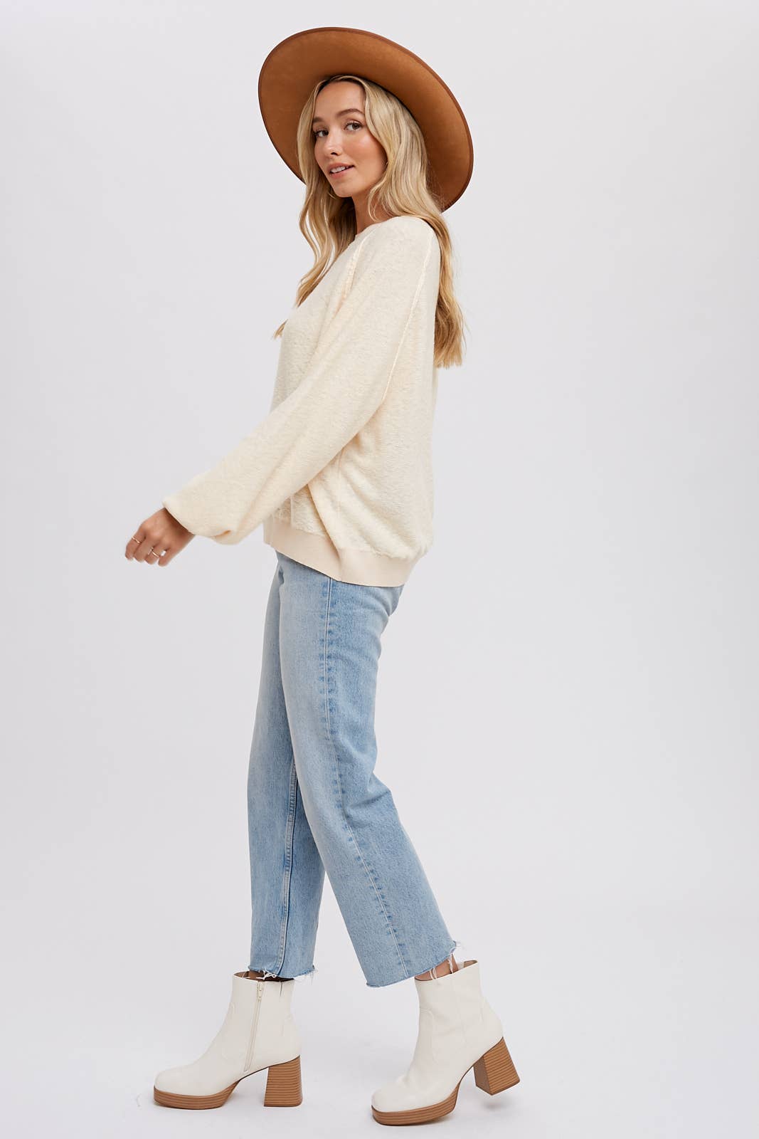 REVERSE SEAM BOUCLE PULLOVER