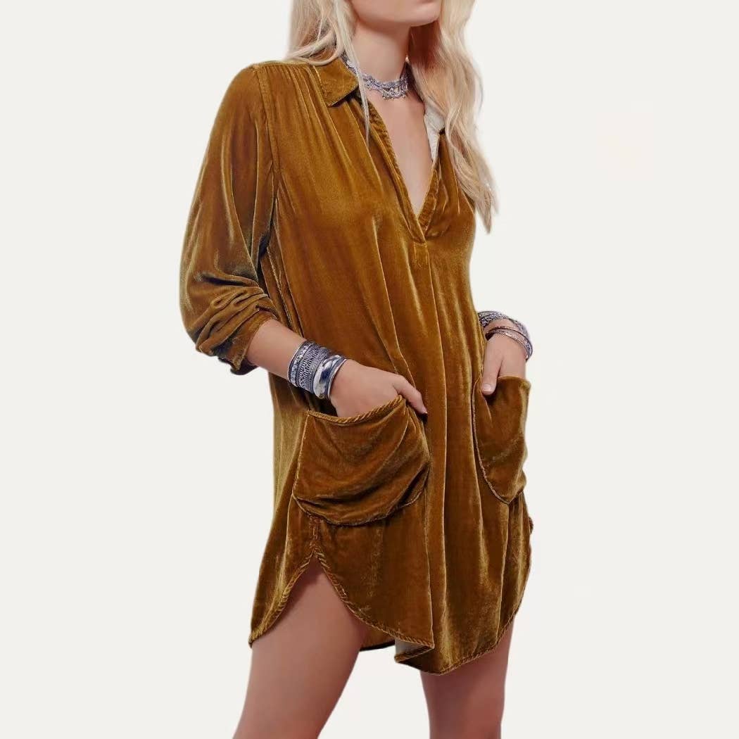 Lay Back Solid Velvet Collared Neck Long Sleeve Mini Dress
