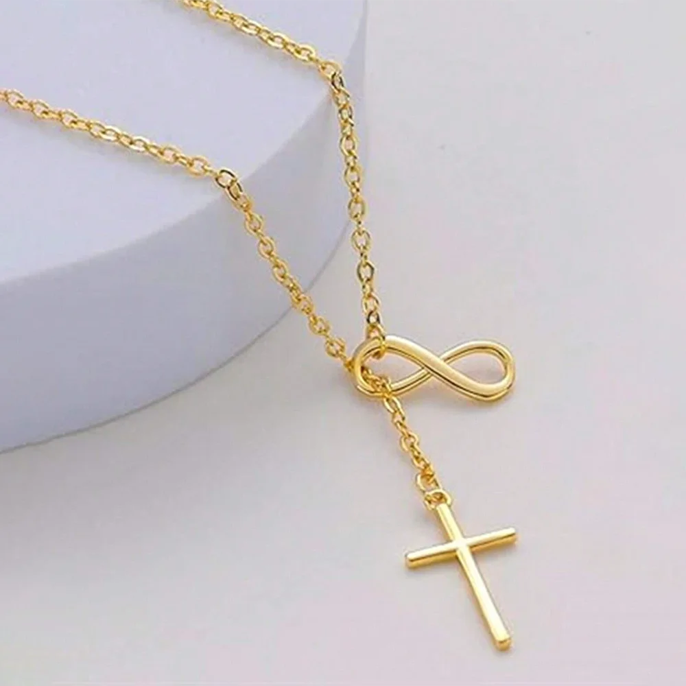 DGIDDK Stainless Steel Infinite Lucky 8 Cross Pendant Y Necklace Women's Anti-Allergy, Infinite Lasso Faith Forever Necklace
