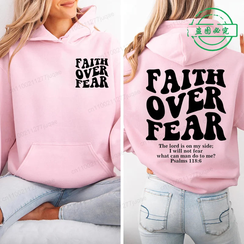 Faith Over Fear Print Sweatshirt Women Harajuku Casual Loose Hooded Bible Verse Jesus Fashion Hoodies Autumn Warm Female Clothes