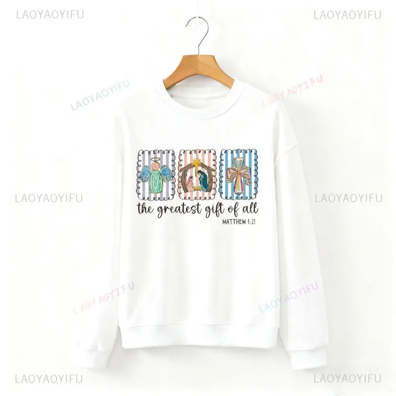 Christian Nativity Scene Faith Christmas Religious Holiday Art Decorative Sweatshirt Long Sleeve Casual Soft Comfortable Hoodie