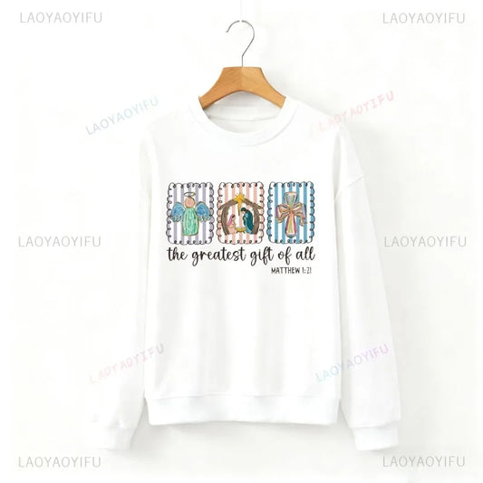 Christian Nativity Scene Faith Christmas Religious Holiday Art Decorative Sweatshirt Long Sleeve Casual Soft Comfortable Hoodie