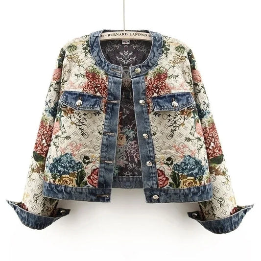 Retro Embroidered Long Sleeve round Neck Denim Jacket Short Versatile Women's Top Small Size Spring New Arrival Cotton Jacket