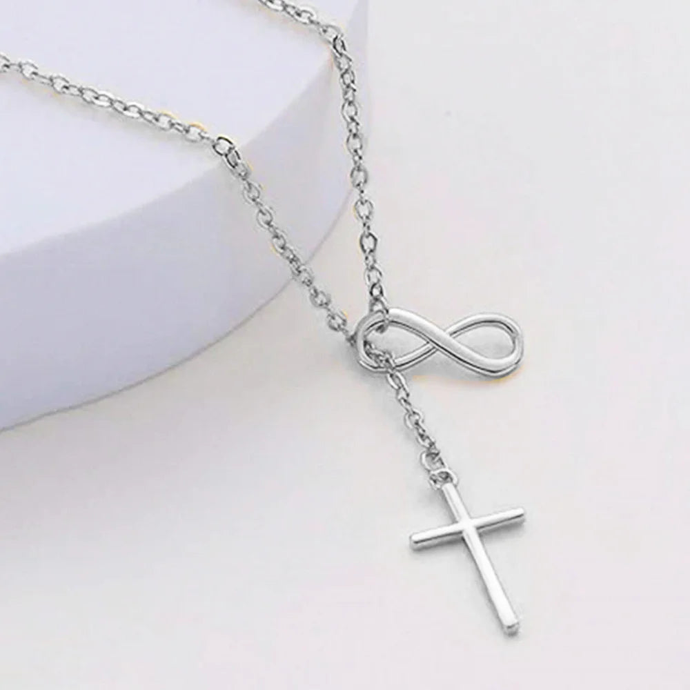 DGIDDK Stainless Steel Infinite Lucky 8 Cross Pendant Y Necklace Women's Anti-Allergy, Infinite Lasso Faith Forever Necklace