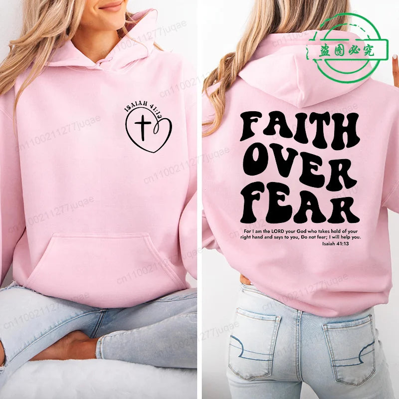 Faith Over Fear Print Sweatshirt Women Harajuku Casual Loose Hooded Bible Verse Jesus Fashion Hoodies Autumn Warm Female Clothes