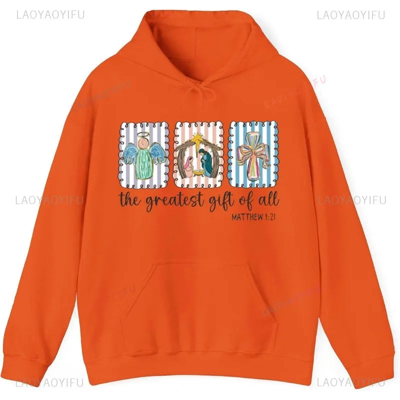 Christian Nativity Scene Faith Christmas Religious Holiday Art Decorative Sweatshirt Long Sleeve Casual Soft Comfortable Hoodie