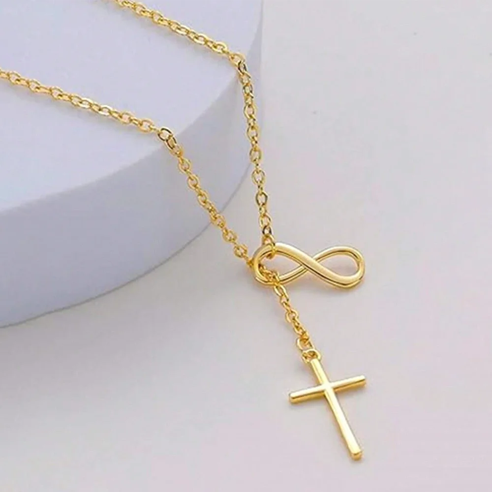 DGIDDK Stainless Steel Infinite Lucky 8 Cross Pendant Y Necklace Women's Anti-Allergy, Infinite Lasso Faith Forever Necklace