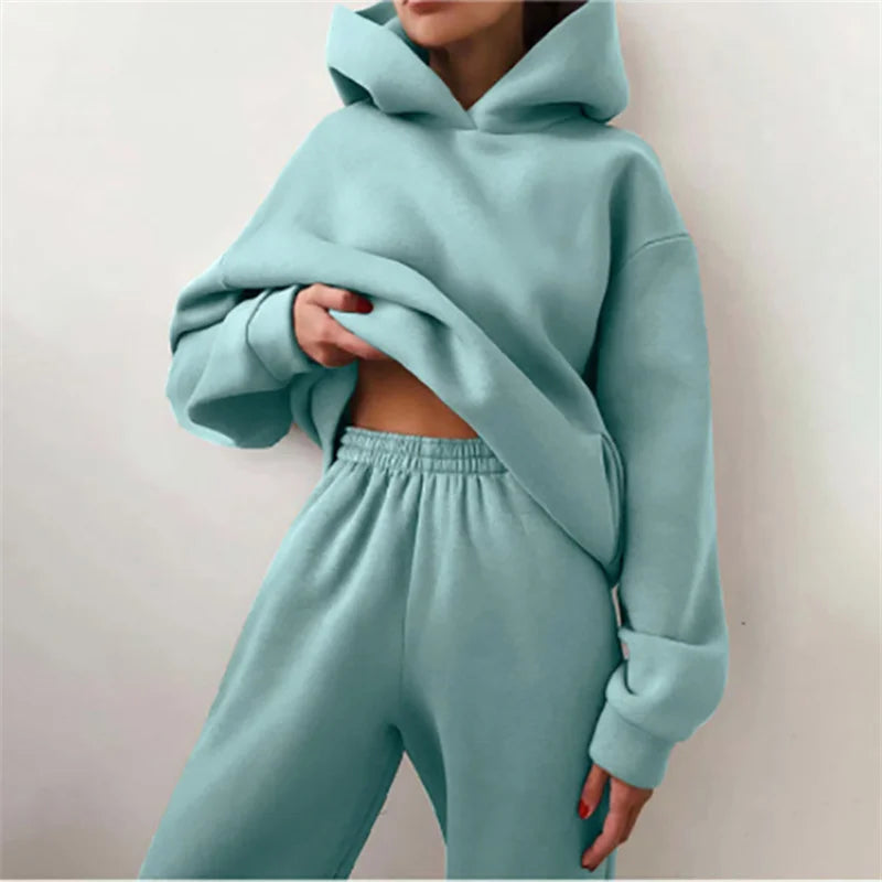 Women's Oversized Tracksuit Set Warm Autumn Fashion Hoodie Sweatshirts & Long Pants Casual Two-Piece Solid Hoody Pullover Outfit