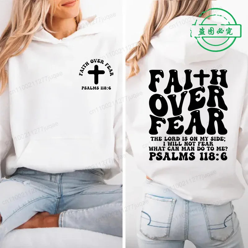 Faith Over Fear Print Sweatshirt Women Harajuku Casual Loose Hooded Bible Verse Jesus Fashion Hoodies Autumn Warm Female Clothes