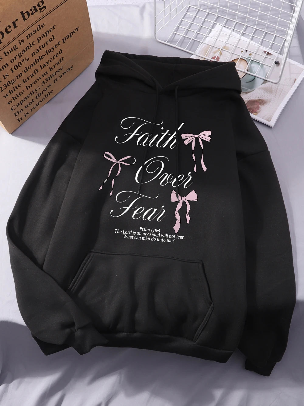 Pink Bow Faith Over Fear Printing Hoodies Women Winter Fleece Warm Hooded Fashion Pocket Tops Comfortable Loose Woman Clothes