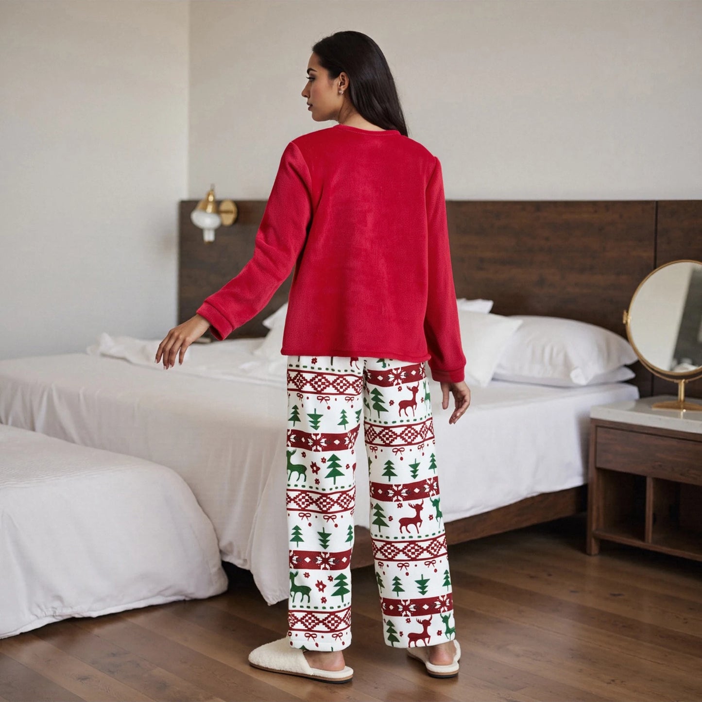 Women's 2 Piece Lounge Set Long Sleeve O Neck Elk Embroidery Tops Plush Pants Winter Warm Feece Christmas Sleepwear