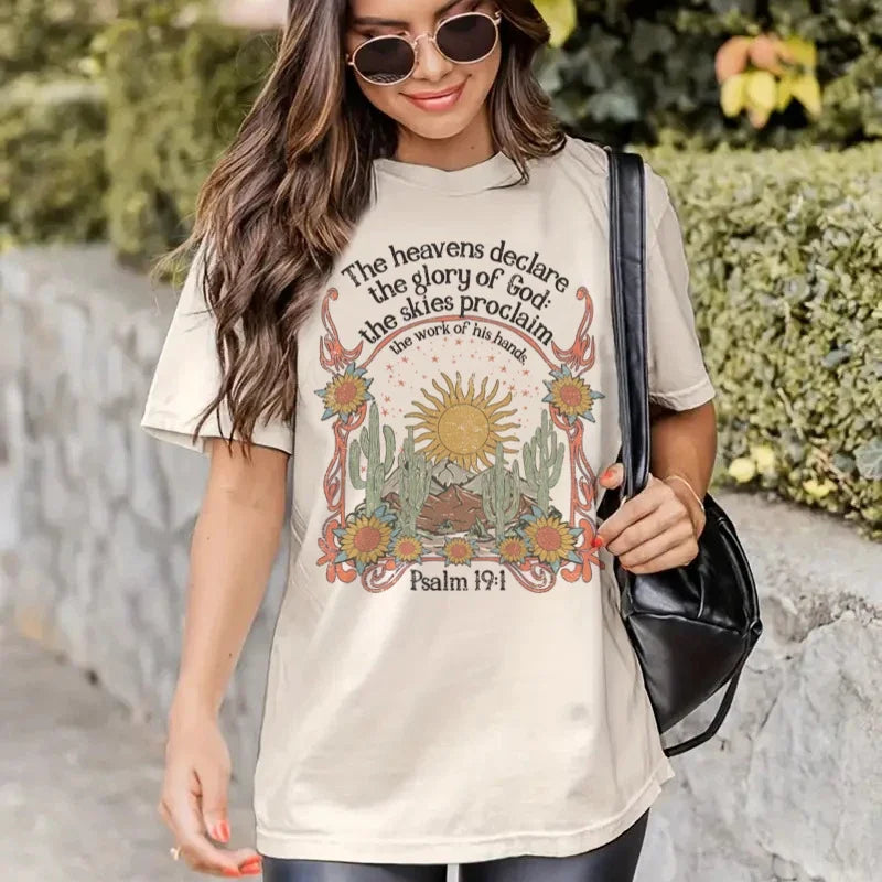 Psalm 19:1 Jesus Faith Graphic T-Shirts Christian Inspirational Tee Vintage Boho Bible Verse Tshirt Religious Clothes for Women