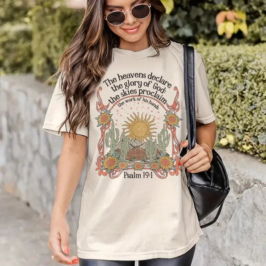Psalm 19:1 Jesus Faith Graphic T-Shirts Christian Inspirational Tee Vintage Boho Bible Verse Tshirt Religious Clothes for Women