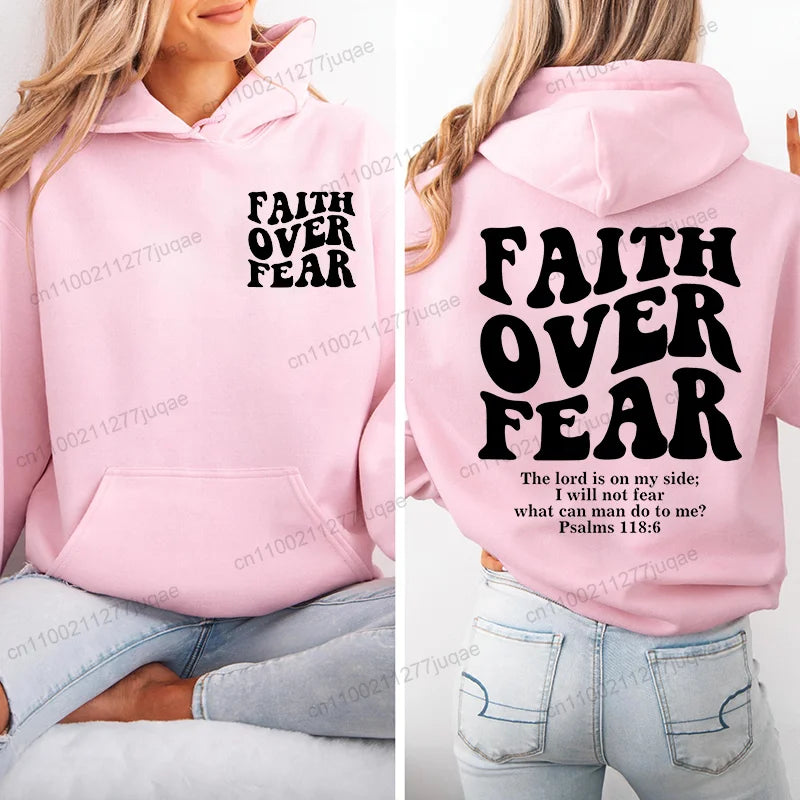 Faith Over Fear Print Sweatshirt Women Harajuku Casual Loose Hooded Bible Verse Jesus Fashion Hoodies Autumn Warm Female Clothes