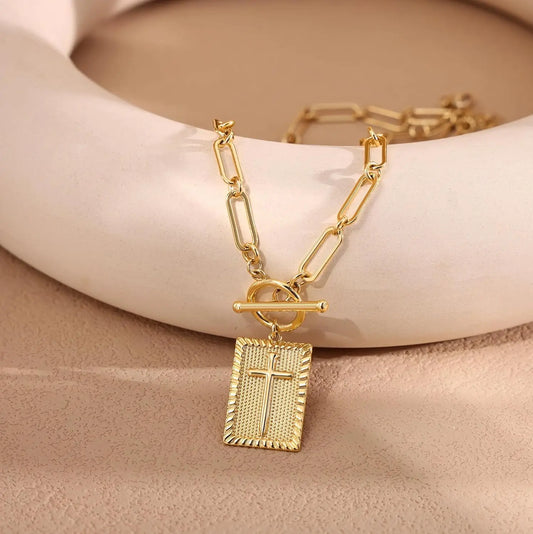 Women 14K Gold Cross Pendant Necklace Toggle Clasp Rectangle Necklace Paperclip Chain Religious Jewelry Gift for Christian Faith