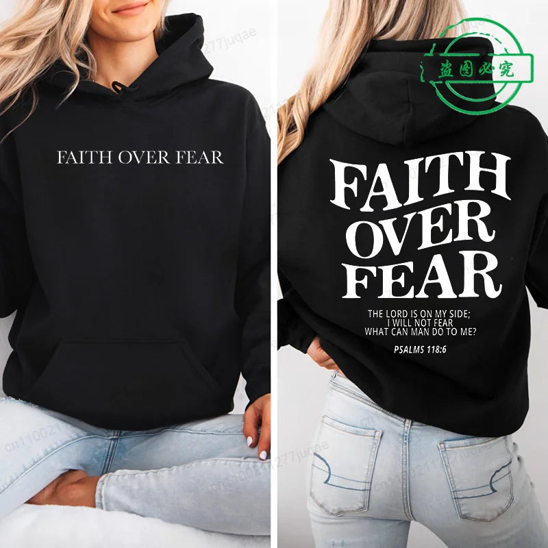 Faith Over Fear Print Sweatshirt Women Harajuku Casual Loose Hooded Bible Verse Jesus Fashion Hoodies Autumn Warm Female Clothes