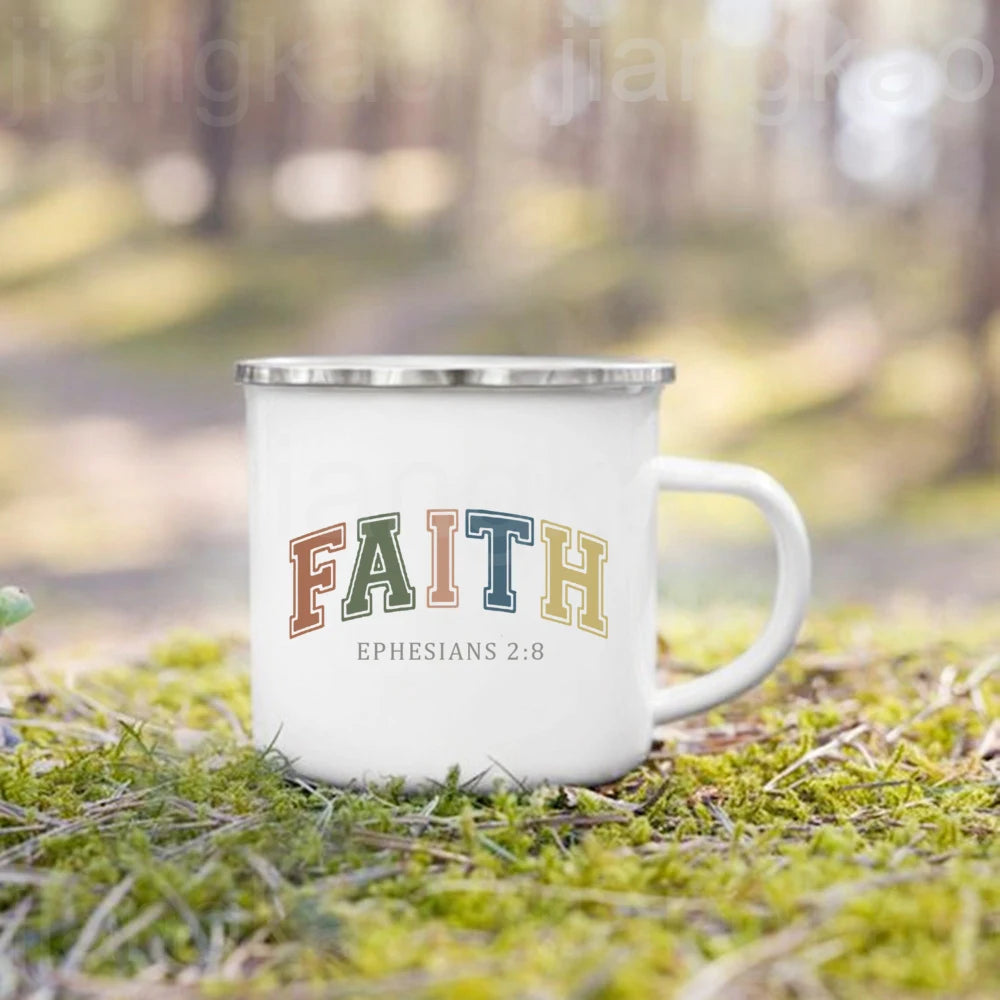Christian Psalm Jesus God Faith Pattern Printed Mugs Coffee Cups Drinks Water Cup Enamel Camping Mug Handle Drinkware Best Gift