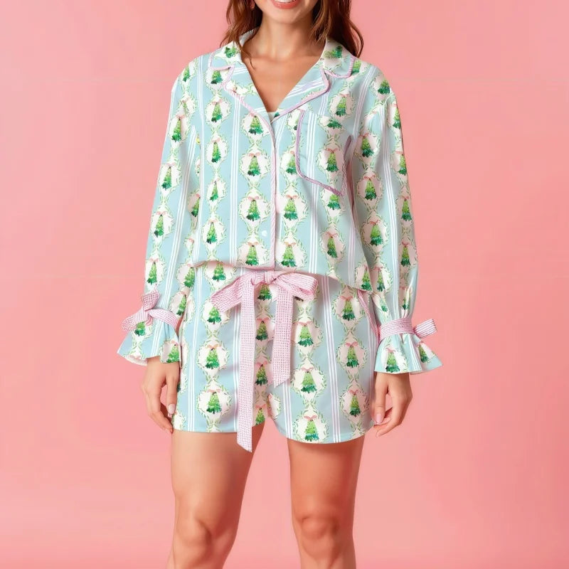 women's Pajama Set Blue Floral Tree Print 2 Piece Lapel V Neck Long Sleeve Top Pants Silk Satin Lounge Sleepwear