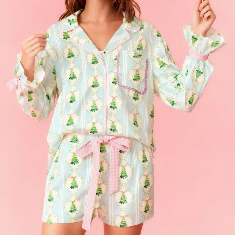 women's Pajama Set Blue Floral Tree Print 2 Piece Lapel V Neck Long Sleeve Top Pants Silk Satin Lounge Sleepwear