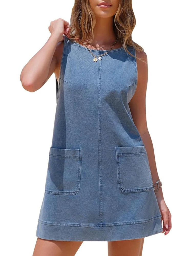 ZMTUO Women's Denim Dress Sleeveless Pocket Design Fashion Casual Summer Outfits Trendy Daily Wear Skirt