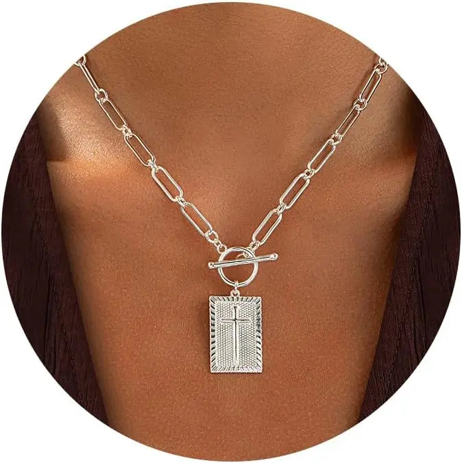 Women 14K Gold Cross Pendant Necklace Toggle Clasp Rectangle Necklace Paperclip Chain Religious Jewelry Gift for Christian Faith