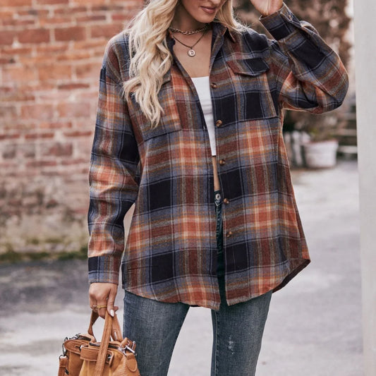 Women's Autumn Winter Loose Plaid Shirt Casual Fashion New Style Checkered Top for Ladies