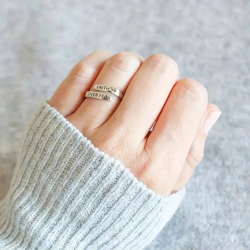 Religious Silver Color Cross Faith Over Fear Ring Adjustable Wrap Rings For Women Jewelry