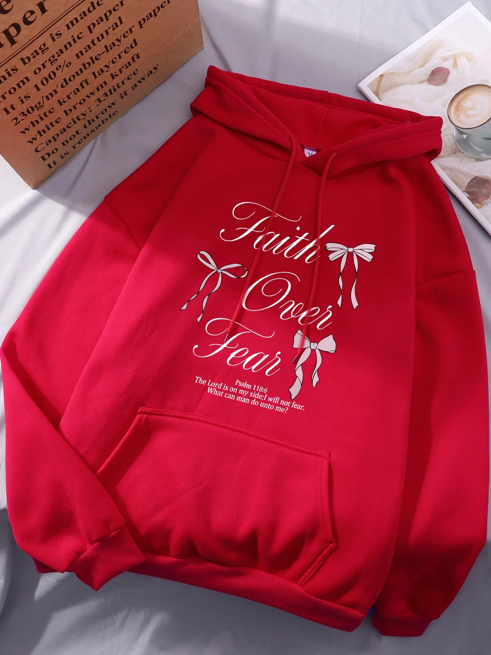 Pink Bow Faith Over Fear Printing Hoodies Women Winter Fleece Warm Hooded Fashion Pocket Tops Comfortable Loose Woman Clothes