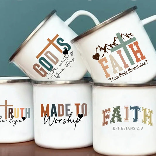 Christian Psalm Jesus God Faith Pattern Printed Mugs Coffee Cups Drinks Water Cup Enamel Camping Mug Handle Drinkware Best Gift