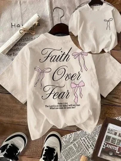 Pink Bow Faith Over Fear Printed Women Tee Shirts All-Match T-Shirt Casual O-Neck Clothes Hip Hop Y2K Short Sleeve