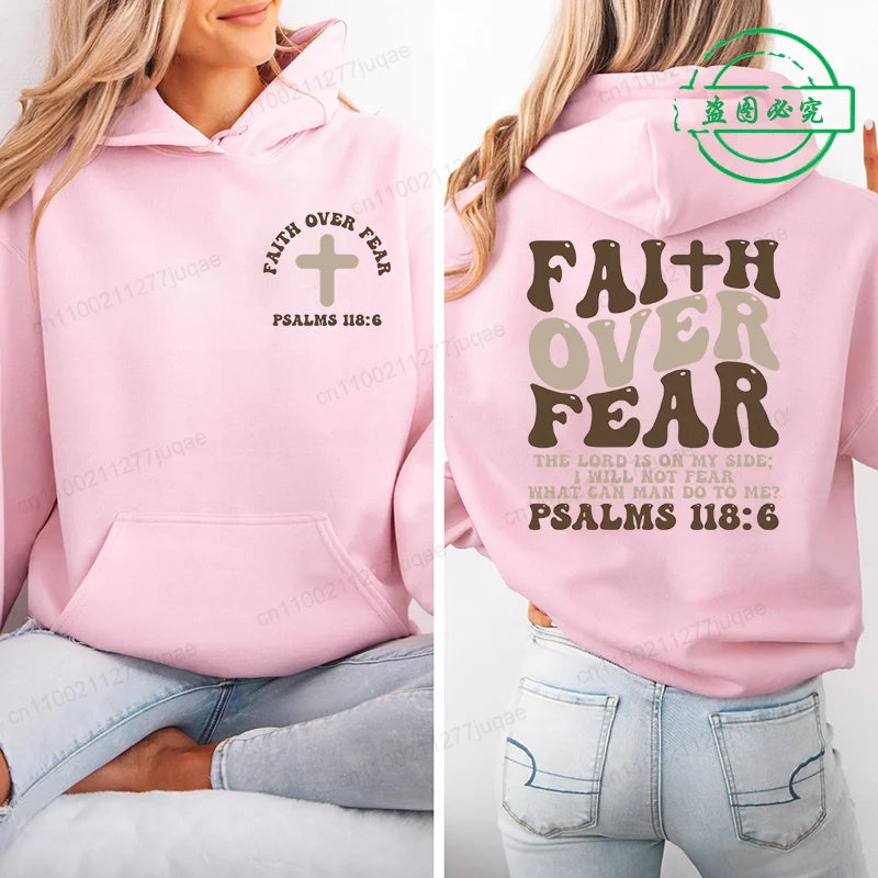 Faith Over Fear Print Sweatshirt Women Harajuku Casual Loose Hooded Bible Verse Jesus Fashion Hoodies Autumn Warm Female Clothes