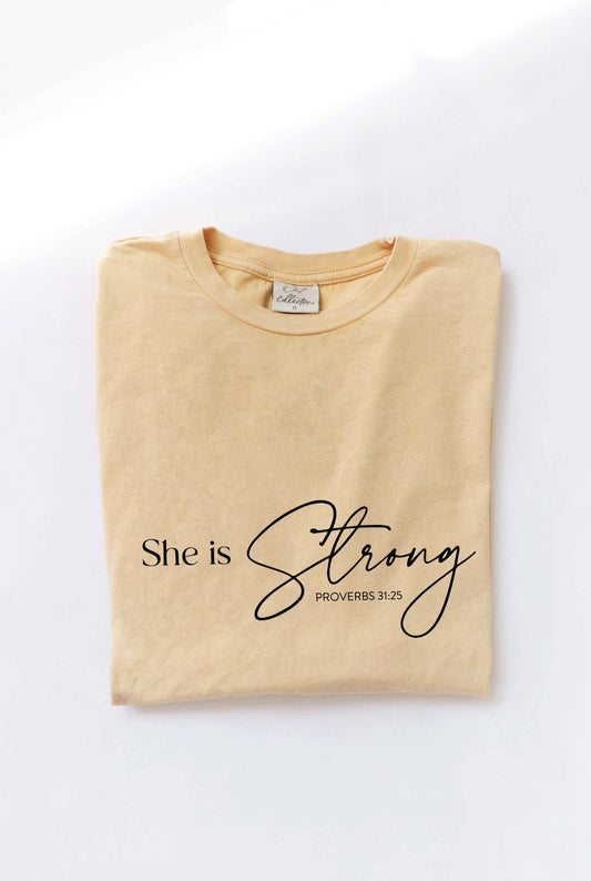 SHE IS STRONG PROVERBS 31:25 Mineral Washed Graphic Top