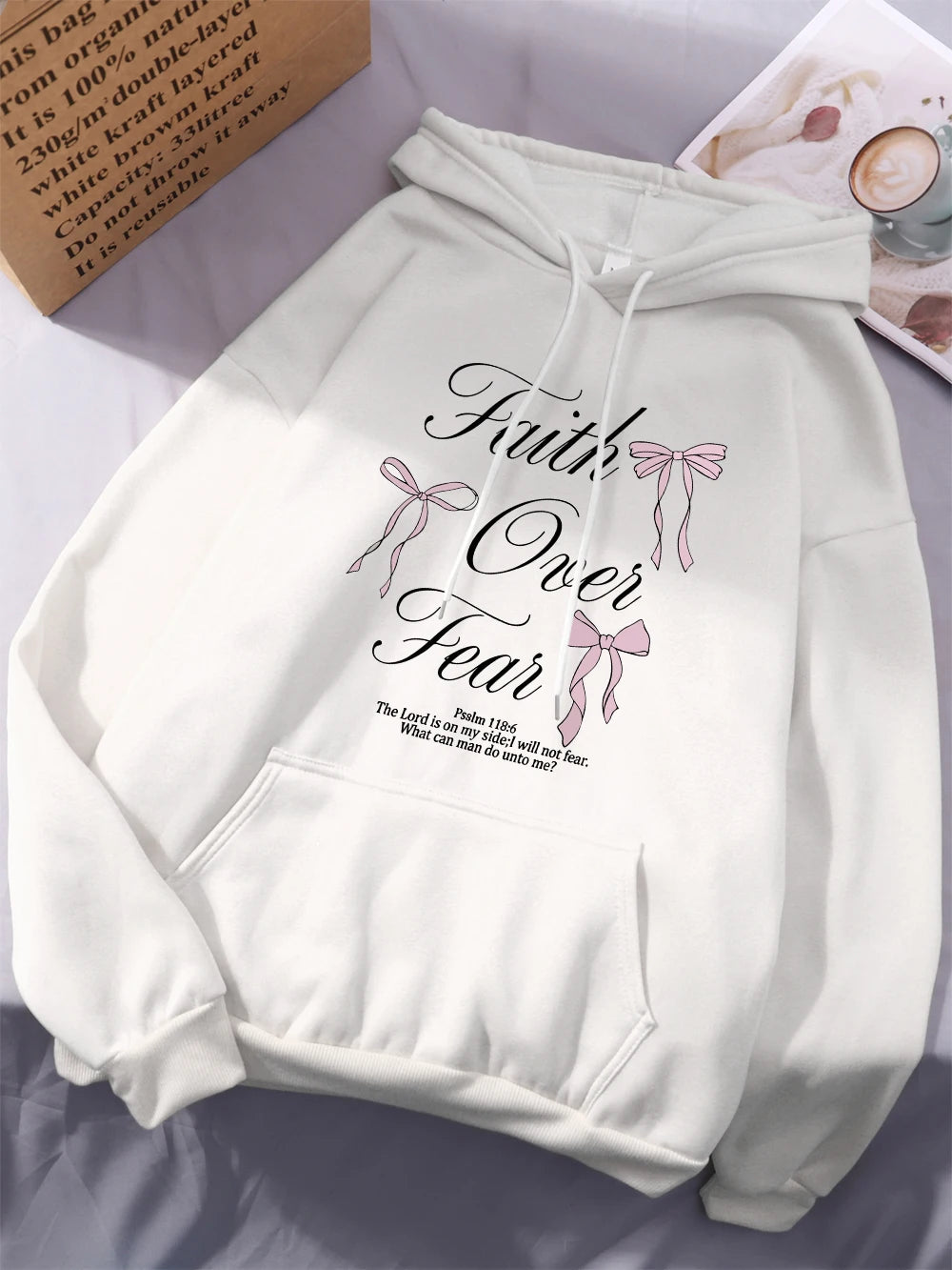 Pink Bow Faith Over Fear Printing Hoodies Women Winter Fleece Warm Hooded Fashion Pocket Tops Comfortable Loose Woman Clothes