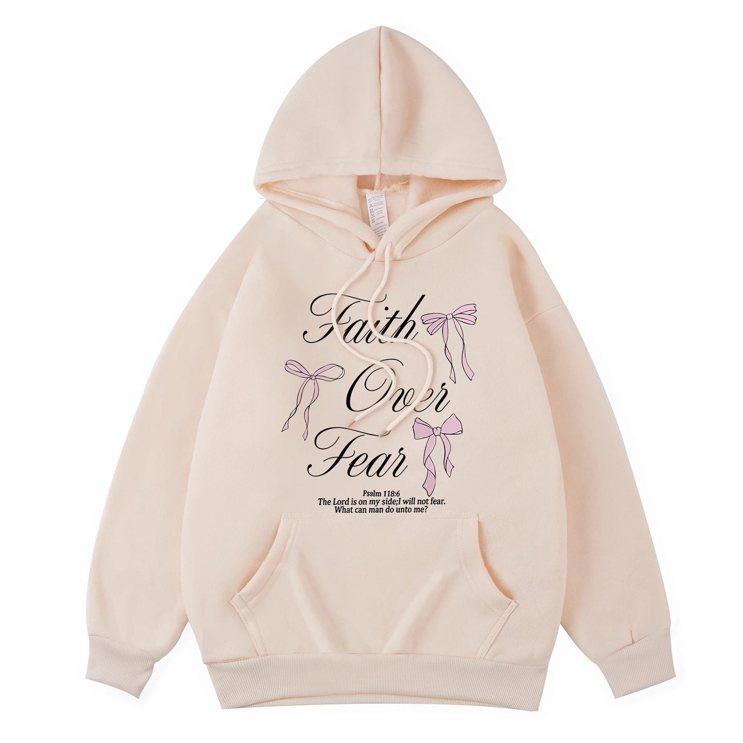 Pink Bow Faith Over Fear Printing Hoodies Women Winter Fleece Warm Hooded Fashion Pocket Tops Comfortable Loose Woman Clothes