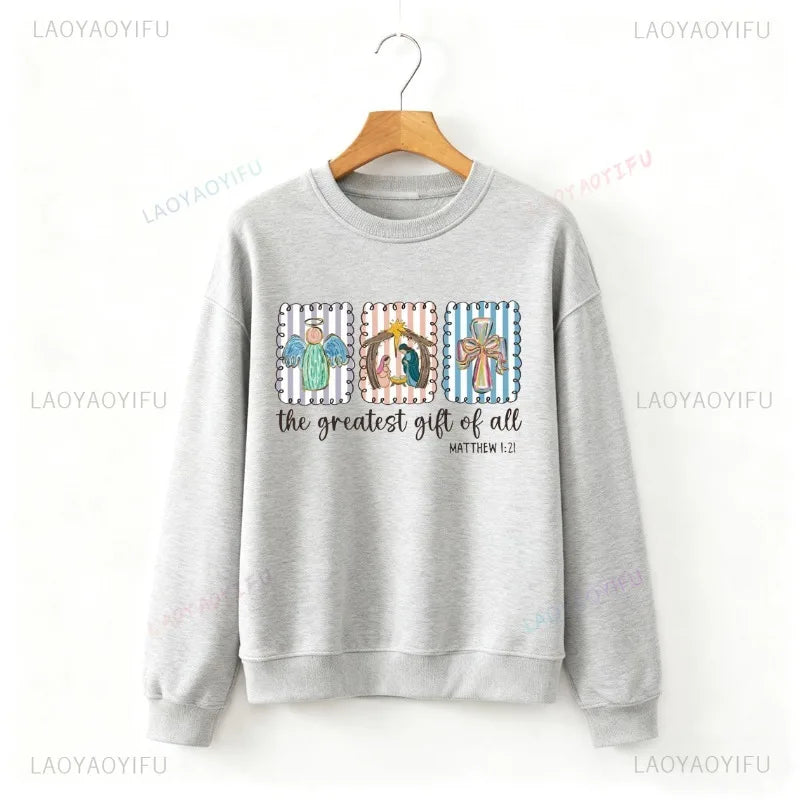 Christian Nativity Scene Faith Christmas Religious Holiday Art Decorative Sweatshirt Long Sleeve Casual Soft Comfortable Hoodie